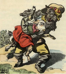 El lobo huye con el cabrito. Ilustración del cuento “Bon Médor y la Pequeña Cabra”. En “Cuentos del hogar para los pequeños”. Grabado anónimo del siglo XIX.