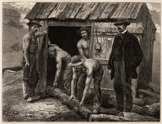 Los carpinteros de la mina de Montchanin, arrojándolos al pozo inclinado; en traje, el ingeniero jefe de la mina supervisa las maniobras. Grabado para ilustrar un viaje a Creusot y las minas de Saona y Loira, en 1865, por L. Simonin, en “Le