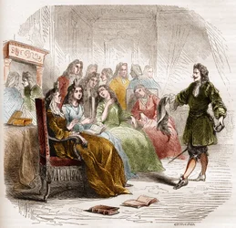 El escritor Georges de Scudery (1598-1667) durante un salón literario organizado por su hermana, Madeleine de Scudery, en 1650. Grabado de 1860-1861