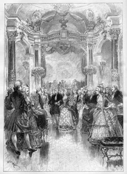 Teatro: "Manon", ópera cómica de Henri Meilhac (1831-1897) y Philippe Gille (1831-1901) con música de Jules Massenet (1842-1912) representada en la Ópera Cómica. Grabado en "Le Monde Illustré"
