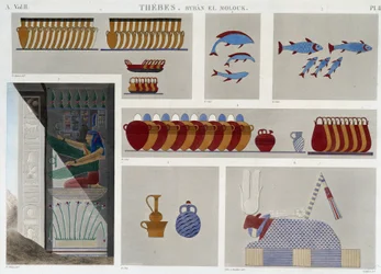 Tebas: Bybân el Molouk. pl 87: Pinturas de la 5ª tumba de los reyes al este, 7º bajorrelieve de la entrada de la misma tumba en “Antigüedades Egipcias”, s.d. siglo XIX
