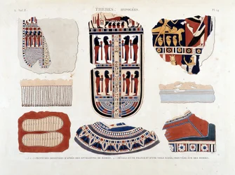 Tebas, Hipogeos: 1.2.3.6.7.8. pinturas de envoltorios de momias 4.5. Detalles de un fleco y una tela a rayas, encontrados en momias - en “Descripción de Egipto” 1809, Antigüedades vol 2 pl 112