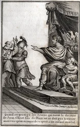Teodosio I (Flavio Teodosio) (347-395), emperador romano, hizo arrestar a Anfiloquio, obispo de Iconio, por falta de respeto a su hijo, Arcadio (377-408). El obispo declara: "Cuando protegemos a los arrianos que niegan la divinidad de Jesucristo, hijo de D