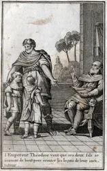 Teodosio I (Flavio Teodosio) (347-395), emperador romano, quiere que sus dos hijos, Arcadio (377-408) y Honorio (384-423), se levanten para escuchar las lecciones de su maestro. Siglo IV. Grabado en “Belleza de la historia del bajo imperio” redactado por P
