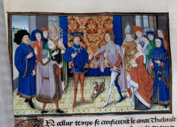 Thibaut III de Champaña (1179-1201), Luis (muerto en 1205), Conde de Blois y Chartres, y Baudouin IX de Flandes (o Baudouin VI de Hainaut), conocido como Baudouin I de Constantinopla (1171-1206), se encuentran. Miniatura en 