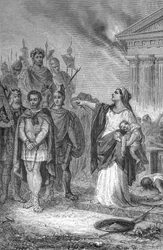 Tercera guerra púnica: suicidio de la esposa de un general cartaginés. Grabado, 1884