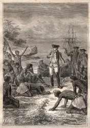 Tercer viaje (1776-1779) del Capitán James Cook (1728-1779): Cook es recibido por los nativos (Hawái) - ilustración tomada de “Los Grandes Marineros del siglo XVIII”