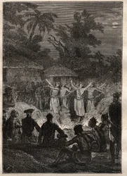Tercer viaje (1776-1779) del Capitán James Cook (1728-1779): una fiesta en las islas de los Amigos (Reino de Tonga, Polinesia) - ilustración tomada de “Los grandes marineros del siglo XVIII”