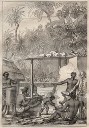 Tercer viaje (1776-1779) del Capitán James Cook (1728-1779): sacrificio humano en Tahití - ilustración tomada de "Los Grandes Marineros del siglo XVIII"