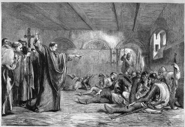 Muerte de Tomás Becket, 29 de diciembre de 1170: el arzobispo de Canterbury, santo Tomás de Canterbury (1117-1170), encuentra en sus aposentos a sus asesinos, los caballeros William of Tracy, Richard the Breton, Reginald Fitzurse, Hugues of Morville