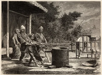 Tres campesinos operando el molino de arroz. Grabado para ilustrar el viaje a Japón en 1863-1864, por Aime Humbert, ministro de la Confederación Suiza, en “Le tour du monde, nouveau journal des voyages”, publicado bajo la dirección de Edouard Charton