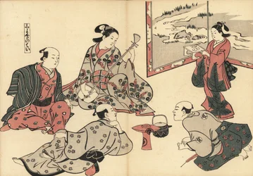 Tres samuráis escuchan a una cortesana tocar el shamisen, mientras un kamuro trae comida en una bandeja. Grabado xilográfico de Masanobu Okumura (1686-1764) de Fuzoku Emakimono, Picture Scroll of the Water Trade, Tokio, reimpresión de hacia 1880.