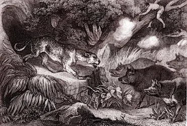 Caza del tigre en la selva amazónica(grabado