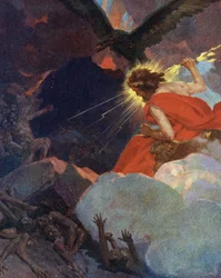 Titanomaquia: representación de Zeus triunfante sobre los titanes (Titanomachia o Titanomachy: Zeus y los Olímpicos victoriosos sobre los titanes) Grabado de "Mis bellos cuentos mitológicos" de HS Bres, principios del siglo XX colección privada
