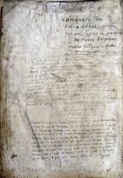 Página de título de un manuscrito: Conquista del Santo Grial, escrito 717 años después de la pasión de nuestro señor. Biblioteca municipal de Rennes, ms. 255 (Colección de novelas de la Mesa Redonda)