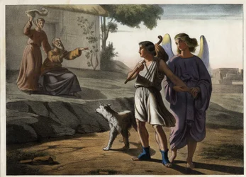 La partida de Tobías acompañado por el ángel (sus padres lo despiden, incluido Tobit, su padre). Grabado anónimo de mediados del siglo XIX.
