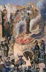Tortura de Michel Servet en Ginebra (Michael Servetus) (Michel de Villeneuve), médico y teólogo español (1511-1553) - La tortura de Michel Servet (Miguel Serveto) (1511-1553) en Ginebra, médico y teólogo español, grabado