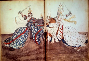 Torneo: Juego del señor llamante y señor demandado (Duque de Bretaña y Duque de Borbón frente a frente). Manuscrito “Libro de torneos” (Folio 32v - folio33) por René de Anjou
