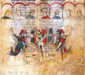 Escena de torneo según el manuscrito «Lancelot du Lac», siglo XIII. Biblioteca Nazionale Marciana, Venecia.