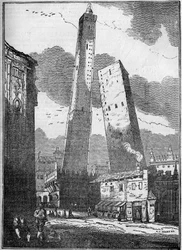 Torres de Bolonia - la torre Asinelli y la más pequeña torre Garisenda - grabado del siglo XIX