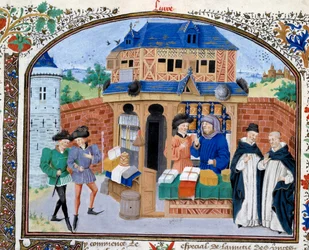 Comercio: una tienda de mercader. Miniatura del manuscrito "Comentario sobre la Ética" del filósofo griego Aristóteles (383-322 a.C.) traducido por Nicolás Oresme (1325-1382)