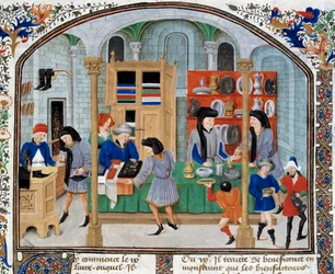 Escena de comercio: comerciantes en una tienda presentan vajillas y cubiertos de plata a sus clientes. Miniatura tomada de una edición de “Ética, Política y Economía” del filósofo griego Aristóteles (384-322 a.C.)