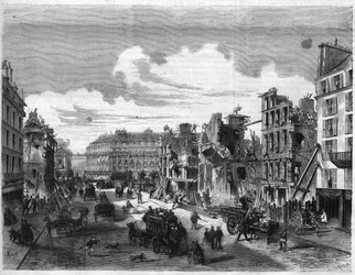 Transformaciones de París bajo el Segundo Imperio, París Haussmann (Boulevard, obras de Haussmann): demolición de la Rue de la Paix para la apertura de la Rue Réaumur. Grabado en “El Universo Ilustre”