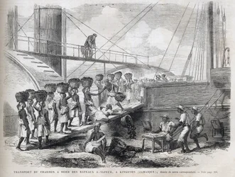 Transporte de carbón a bordo de barcos de vapor en Kingston (Jamaica) - Carga de carbón en Kingston - Jamaica - 1866 Grabado de “El Universo Ilustre” 1866