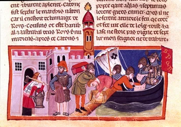Transporte de mercancías y alimentos por vía fluvial. Miniatura de un códice francés en pergamino “Los hechos de los romanos” que relata la historia antigua hasta Julio César (101 a.C.-44 a.C.). Siglo XIII, Venecia, Biblioteca Marciana