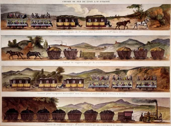 Transporte: representación de trenes de carga y pasajeros de Saint Etienne a Lyon