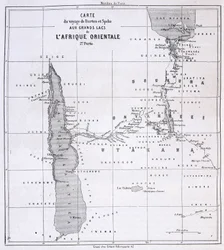Mapa de viaje de Richard Francis Burton, explorador británico (1821-1890) y Speke a los Grandes Lagos de África Oriental 1857-59 - en Tour du Monde