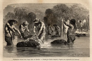 Viajeros lavando su ropa sucia en el río, junto con peones bolivianos, en las cercanías de Maniri (Bajo Perú). Grabado para ilustrar el viaje en los valles de Quinquinas, por Paul Marcoy, en 1849-1861, publicado en “Le tour du monde” 1869.