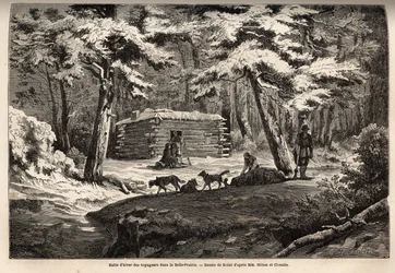 Cabaña de invierno del viajero en el hermoso prado (Canadá), refugio para tramperos y sus trineos. Grabado para ilustrar el viaje del Atlántico al Pacífico (ruta del noroeste por tierra), en 1862-1864 por el Vizconde Milton y el Doctor Cheadle, en "Le tour