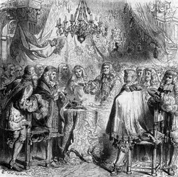Tratado de Aix-la-Chapelle. Firmado el 2 de mayo de 1668 entre Francia y España, puso fin a la Guerra de Devolución y cedió Flandes a Francia. Grabado de 1866.