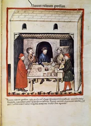 Tratado de un médico: "vino tinto, grupo de hombres en una taberna bebiendo vino". Página tomada de "Tacuinum sanitatis" (Cod. ser. nov. 2644) Alrededor de 1400. Viena, Biblioteca Nacional de Austria