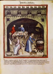 Tratado de medicina: "cocinando las entrañas y tripas de animales". Página tomada de "Tacuinum sanitatis" alrededor de 1400. Viena, Biblioteca Nacional de Austria