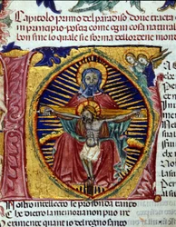Trinidad (la paloma del Espíritu Santo se ve en la barba del Padre). Códice iluminado