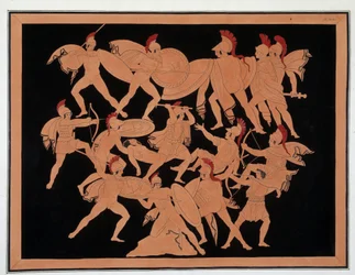 Guerra de Troya - en el centro: Menelao defiende el cuerpo de Patroclo con su escudo, Áyax armado con un hacha golpea a Hipotous, Merion dispara sus flechas, ataca a los troyanos para llevarse el cuerpo de Patroclo - Parte superior de la imagen: a la derec