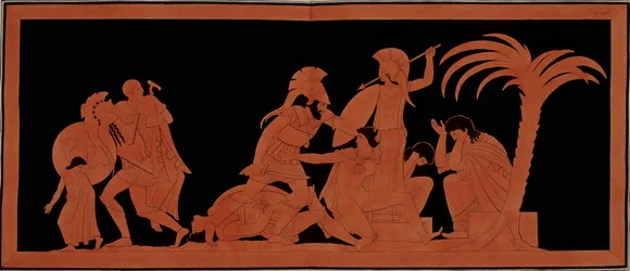 Guerra de Troya: La última noche de Ilion - grupo izquierdo: Eneas lleva a su viejo padre Anquises en sus brazos, el joven Ascanio camina frente a su padre - grupo central: Casandra al pie de una diosa no puede repeler la audacia de Áyax que mató a Conoebu
