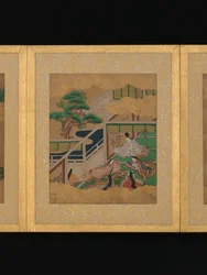 Doce escenas de El cuento de Genji, mediados del siglo XVII (álbum de doce hojas; tinta y color sobre papel jaspeado de oro)