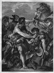 Doce trabajos de Hércules: Diomedes asesinado por Hércules y devorado por sus propios caballos. Grabado después de la pintura de Jean-Baptiste-Marie Peter.