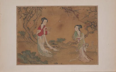 Two Ladies in Foreground of Landscape (miniatura de un álbum de once cuadros; tinta y color sobre seda)