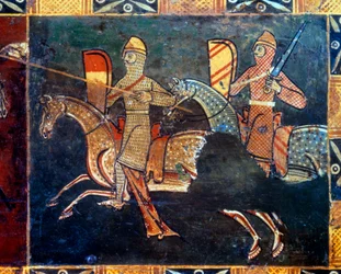 Dos caballeros en el lado de la malla yendo a la batalla (detalle)