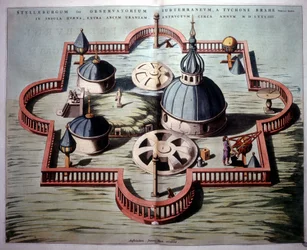Observatorio “Sternburg” de Tycho Brahe en la isla danesa Hven en el Sund (1584) - basado en un grabado en cobre de la época. “Novus Atlas”