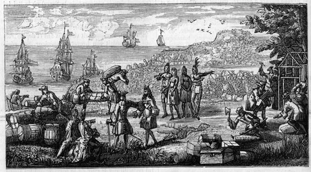 Desembarco de suministros en las colonias francesas de América. Dibujo a pluma en la cabeza de un memorando de Vauban sobre “Las colonias” en el manuscrito de sus “Oisivetes” conservado en el Depósito de Fortificaciones. Grabado en “La Nature: revue des sc