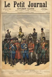 Uniformes de la caballería rusa, aliada de Francia, a caballo de izquierda a derecha: cosaco del Regimiento de la Guardia, el regimiento de acorazados de la Guardia, oficial de los cosacos de los Urales y oficial de los cosacos del Emperador. En primer pla