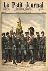 Uniformes de la infantería rusa, aliada de Francia, de izquierda a derecha: el guardia fronterizo, el sargento mayor de los guardias, el regimiento Pavlowski, el oficial, el oficial superior, el granadero del palacio, el uniforme de artillería y el soldado