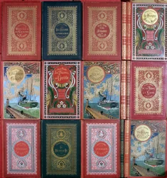 Diversas cubiertas de libros de Jules Verne publicados en ediciones Hetzel. Colección de la biblioteca Jules Verne. París.