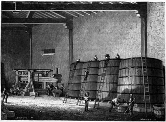 Cubas y prensa utilizadas en las bodegas de Borgoña Clos Vougeot. Grabado del siglo XIX