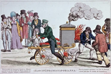 Velocipedraisiavaporianna: velocípedo a vapor - grabado alrededor de 1818, Biblioteca de la ciudad de París